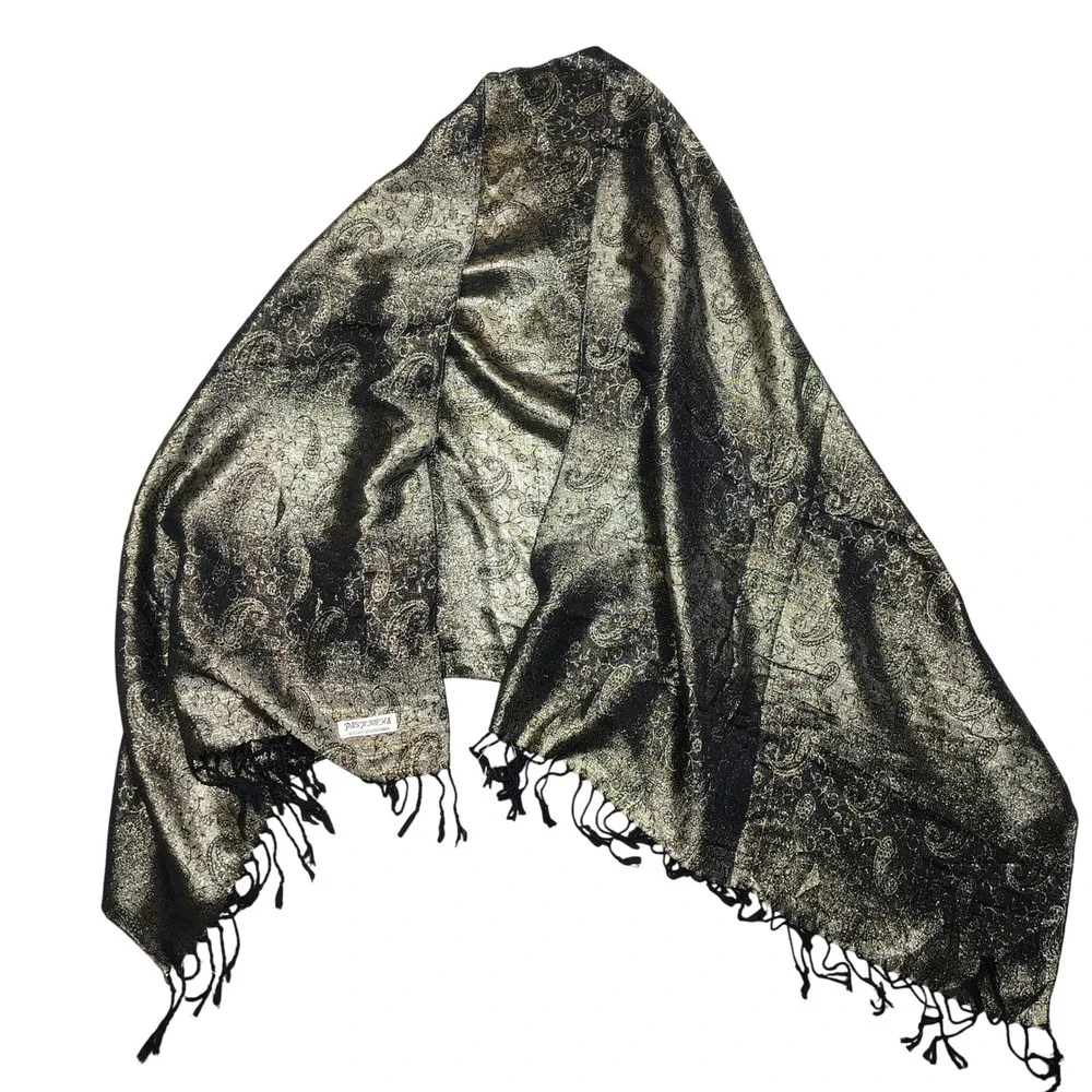 Pashmina Scarf Wrap Women OS Gold Black Metallic Paisley Silk Blend Fringed